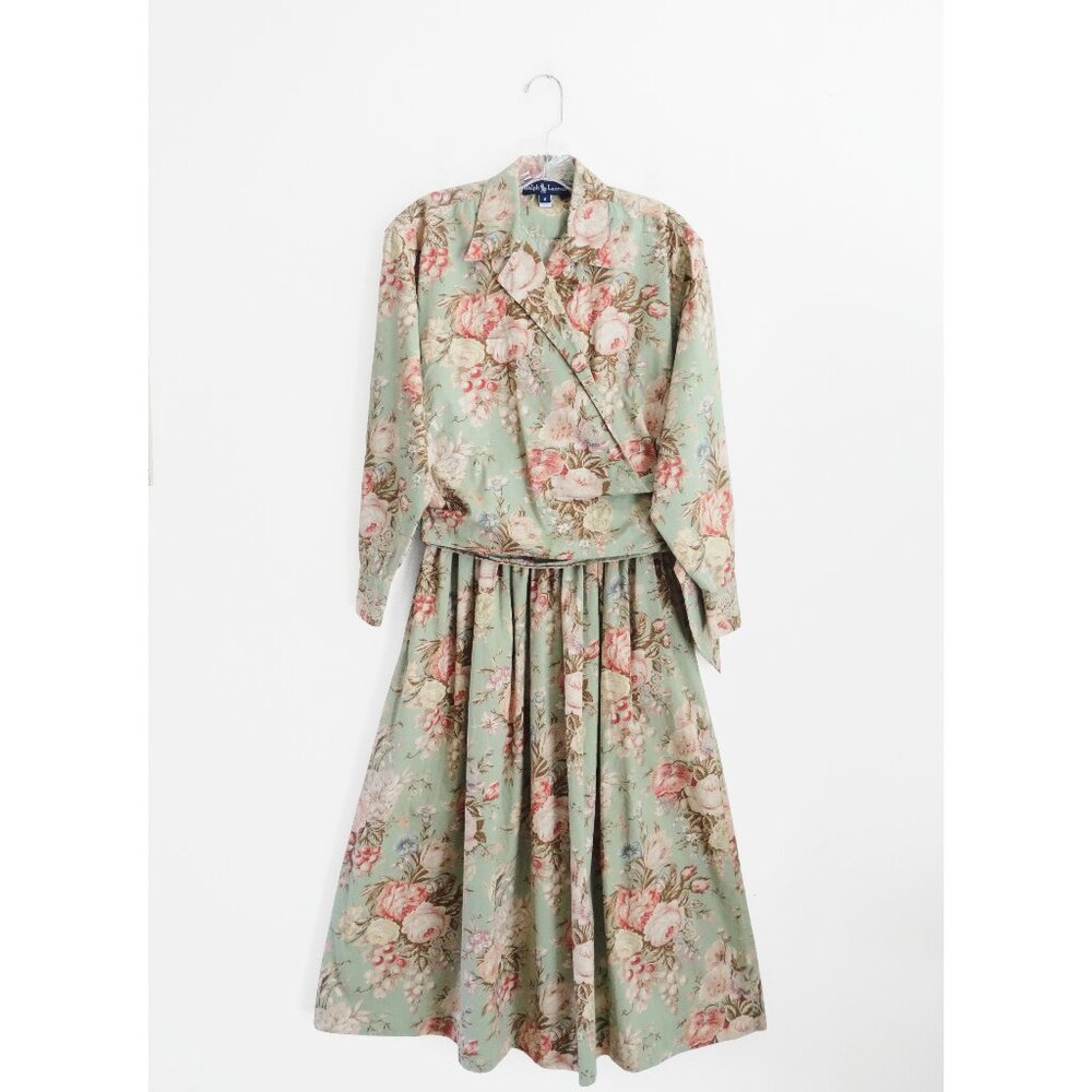 Vtg 80s 90s Ralph Lauren Dusty Green Floral Print Wrap Top + Midi Skirt Set XS 2